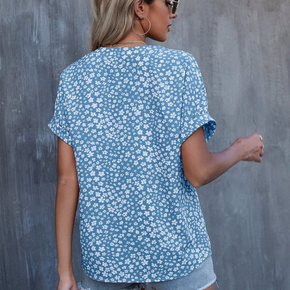 New Floral Print Batwing Sleeve Blouse Blue - Picture 2 of 5